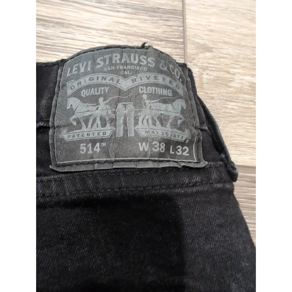 LEVI'S 514 DENIM JEANS MENS 38X32 DARK WASH BLACK STRAIGHT STRETCH EUC